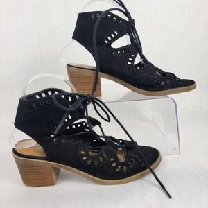 SO Womens 8 Black Faux Suede Lace Up Cutout Gladiator Heeled Sandals Scandi Sexy